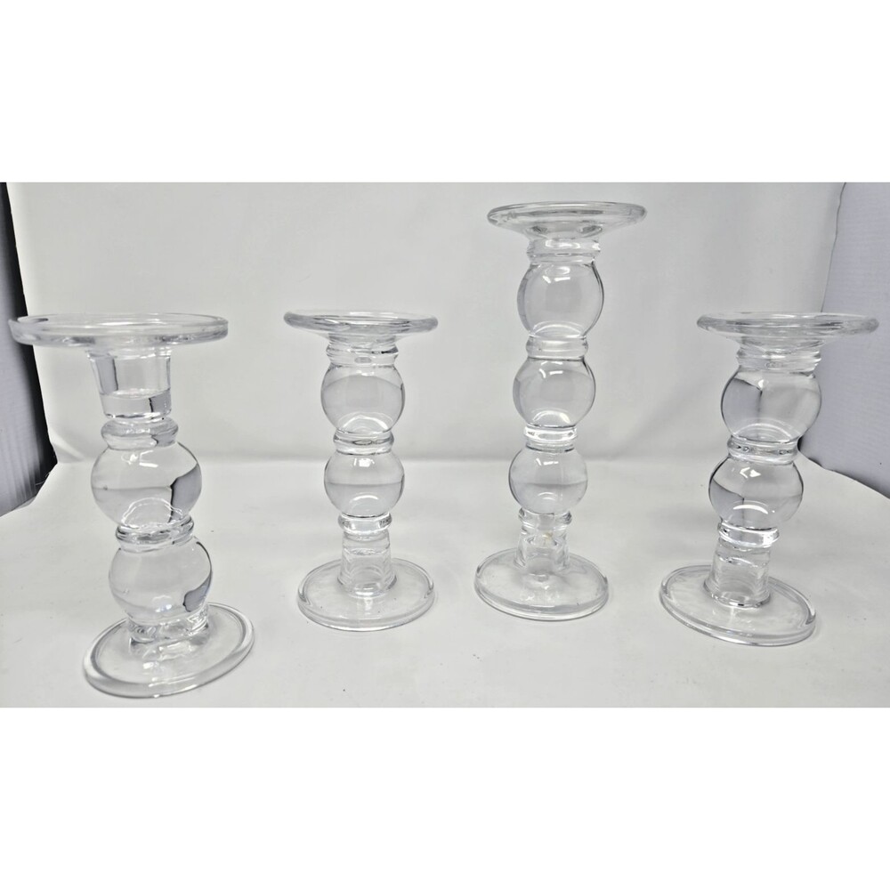 Set of 4 Clear Glass Bubble Ball Stem Pillar Candle Holders Graduated Heights